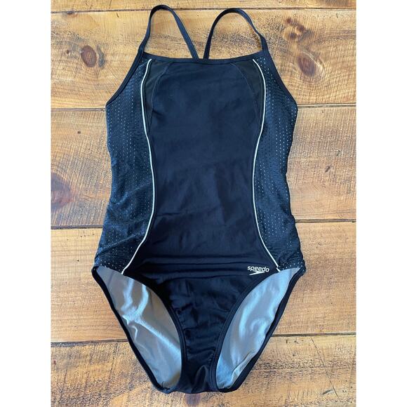 Womens Speedo Black White Mesh Contrast Thin Strap HydroForm 1pc Swim Suit 8 - Picture 1 of 9